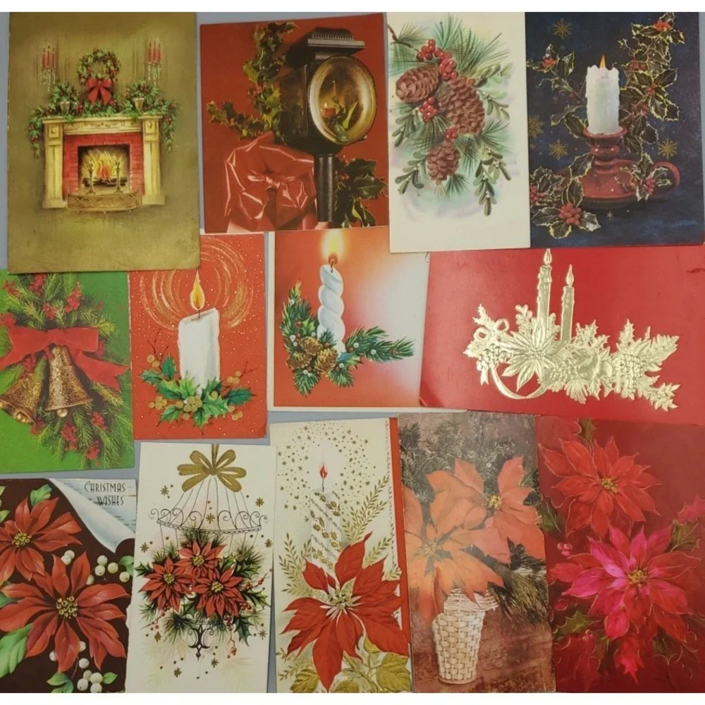 13 Old Vintage Used Greeting Card Fronts Crafts Poinsetta Candle Evergreen Holly